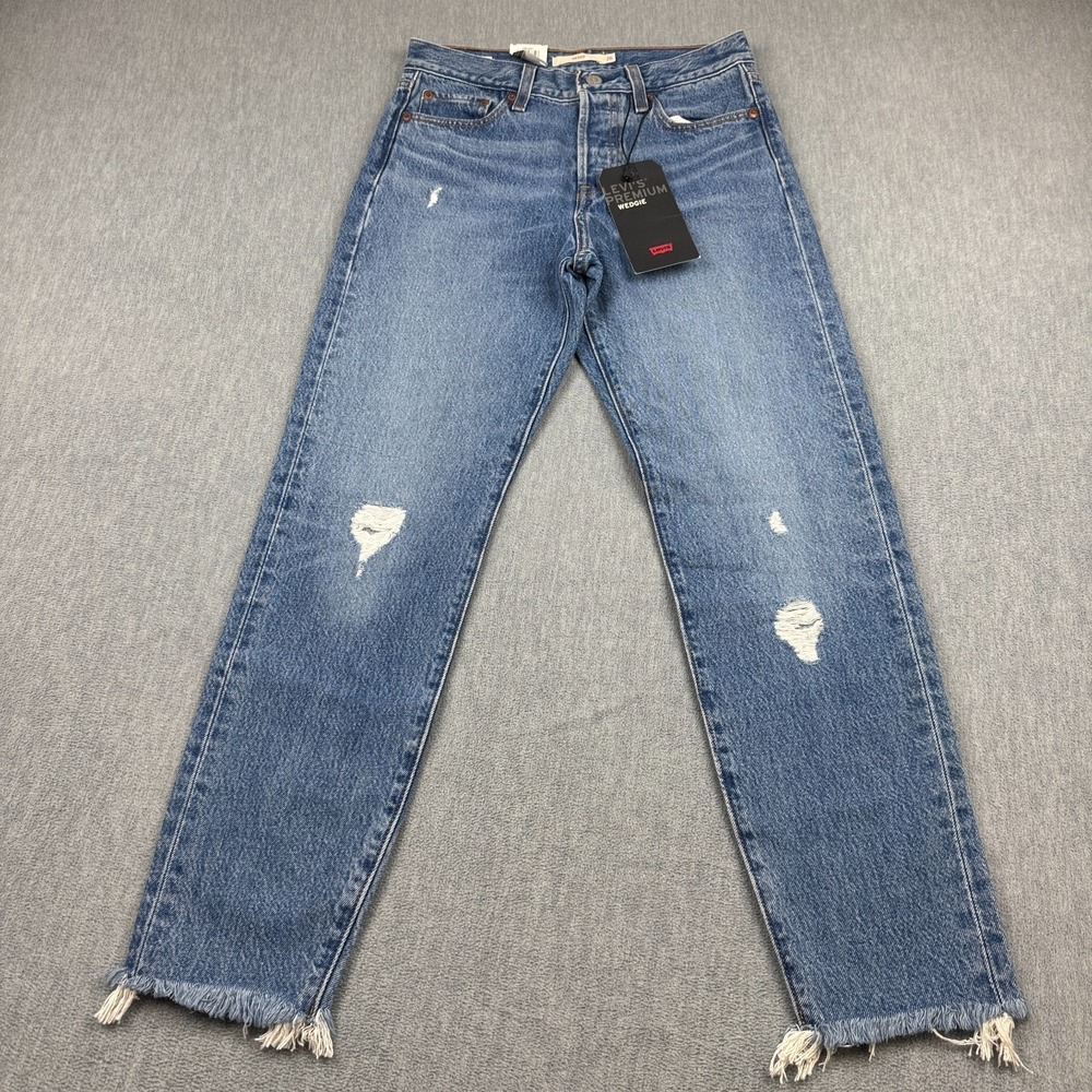 Levis Jeans Womens 26 Blue Wedgie Straight Denim Raw Hem Distress‎ BIG E NWT